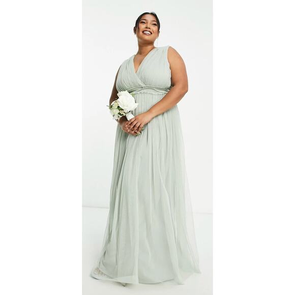 Anaya Bridesmaid V Neck Ruffle Waist Maxi Dress Sage Green Womens Plus Size 18 - Picture 4 of 12